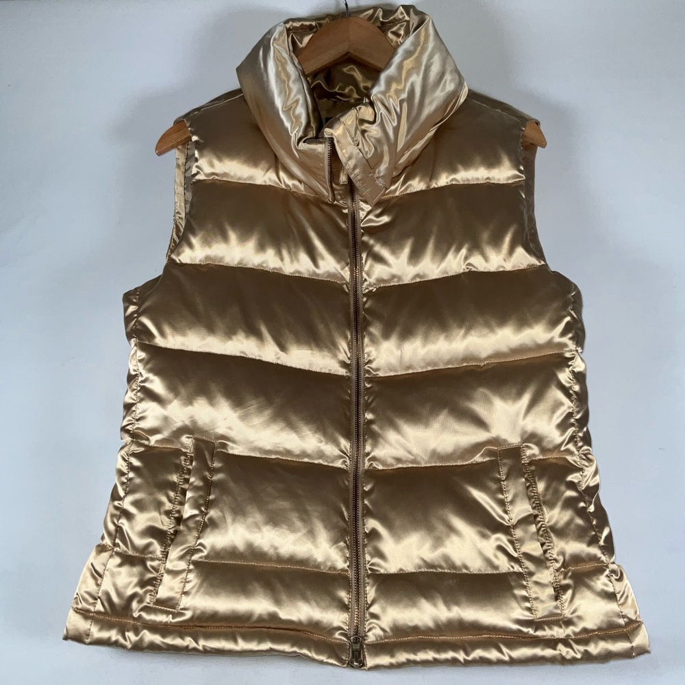 Talbots Vest Womens Medium Gold Down Puffer Quilted Hooded Warm Winter